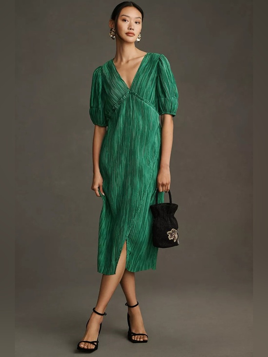 Anthropologie Dresses & Skirts - Anthropologie Emerald Green Pleated V-Neck Midi Dress
